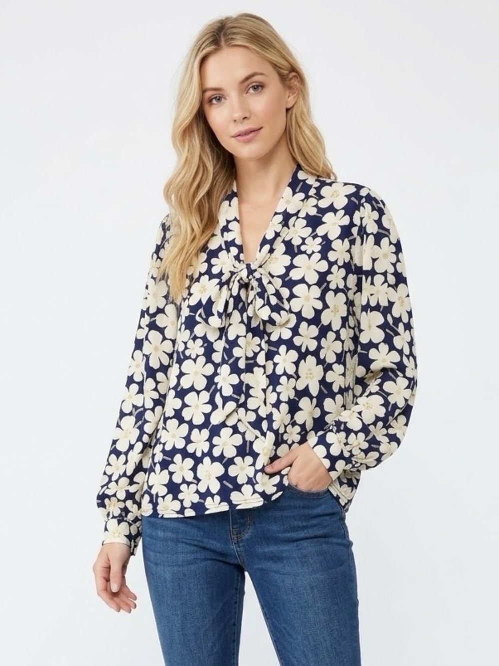 MELLODAY Navy Floral Tie-Front Blouse size small